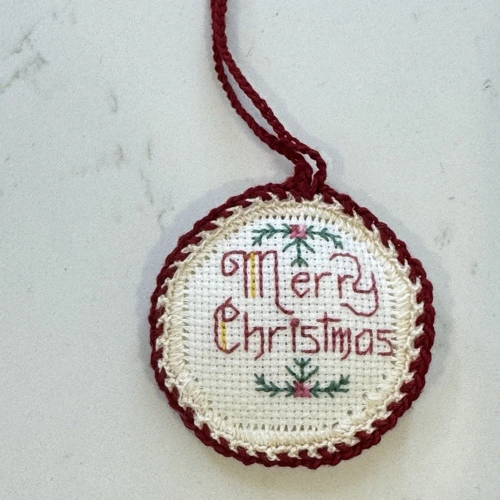 Vtg Cross Stitch Christmas Ornaments Cottage Core Gold Framed Santa Americana